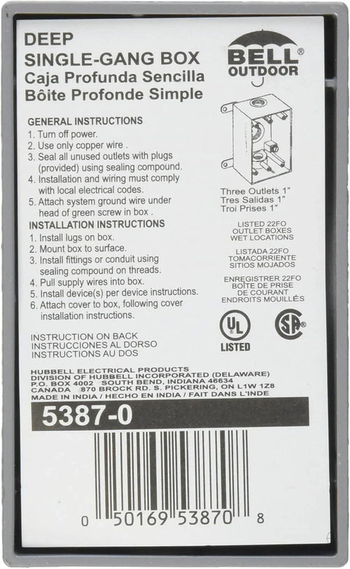 Bell Outdoor deep single-gang weatherproof electrical box packaging, model 5387-0, three 1-inch outlets