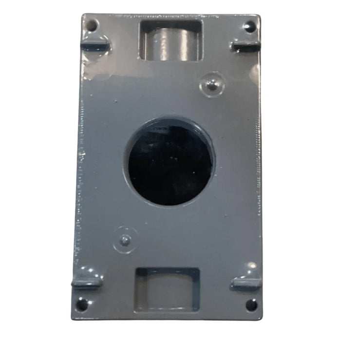 Weatherproof electrical box with one hub and three conduit inlets, gray metal finish.