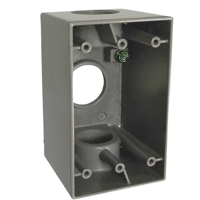 Gray weatherproof electrical box with three 1-inch conduit inlets and mounting holes