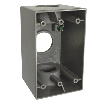 Gray weatherproof electrical box with three 1-inch conduit inlets and mounting holes