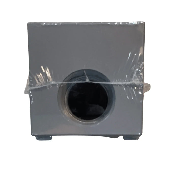 Weatherproof gray electrical box with circular hub opening, wrapped in plastic