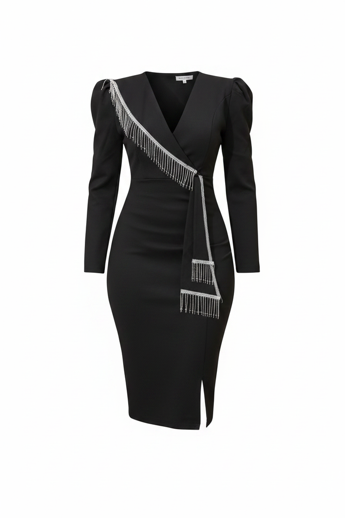 Black Crystal Fringe Long-Sleeve V-Neck Bodycon Midi Dress - White Background