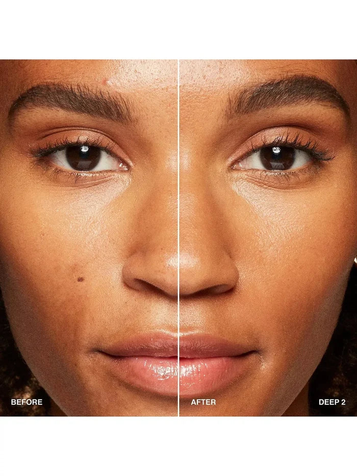 Close-up of a woman's face showing before and after using tinted moisturizer shade Deep 2.