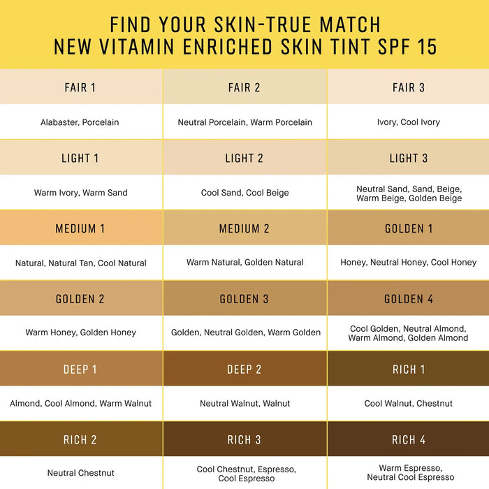 Skin tone shade chart for vitamin enriched skin tint SPF 15, showing fair to rich options.