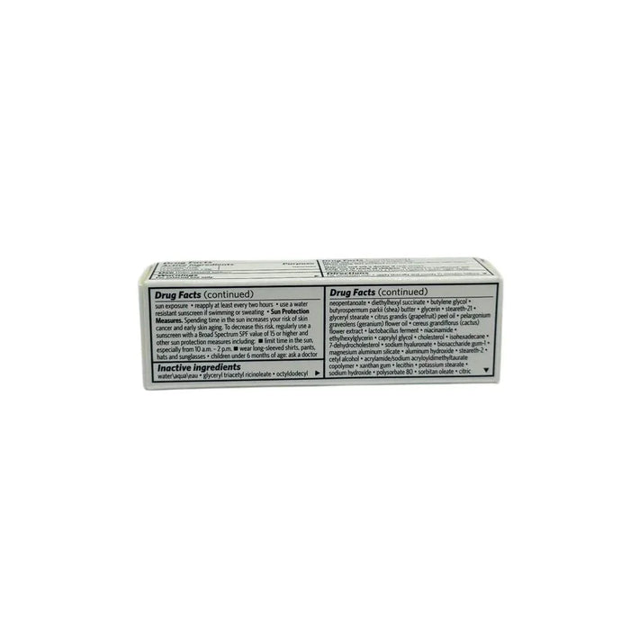 Box showing drug facts and inactive ingredients for a skin tint product with SPF.
