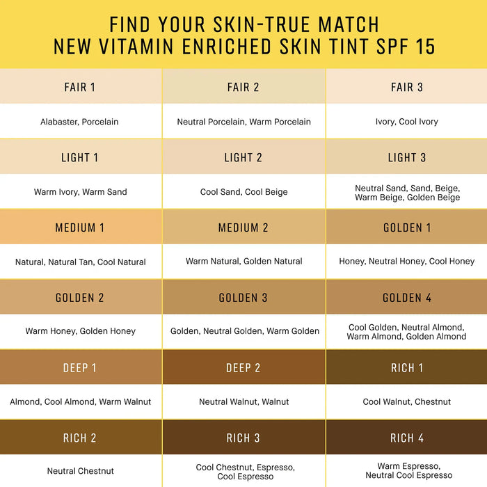 Vitamin enriched skin tint SPF 15 shade chart with fair to rich undertone options.