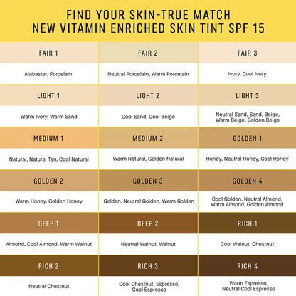 Vitamin enriched skin tint SPF 15 shade chart with fair to rich undertone options.