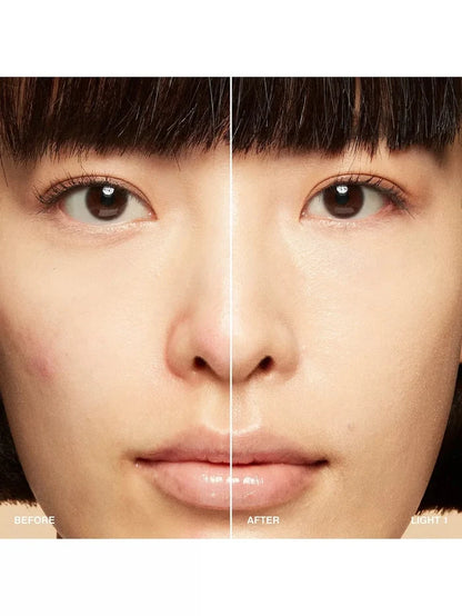 Close-up before and after comparison of face using tinted moisturizer, showing smoother, even skin tone.