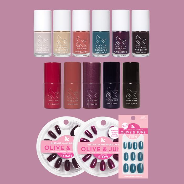 Bonus Fall Polish & Press-On Set displaying diverse long-lasting and gel polish bottles with coordinated press-on nails for at-home mani.