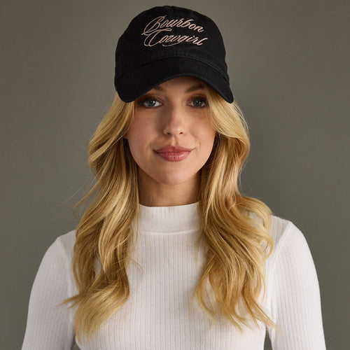 Bourbon Cowgirl Script Embroidered Baseball Hat - Black