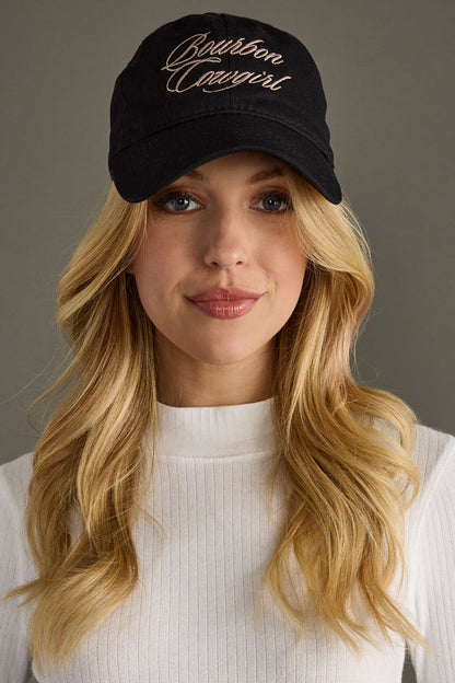 Bourbon Cowgirl Script Embroidered Baseball Hat - Black