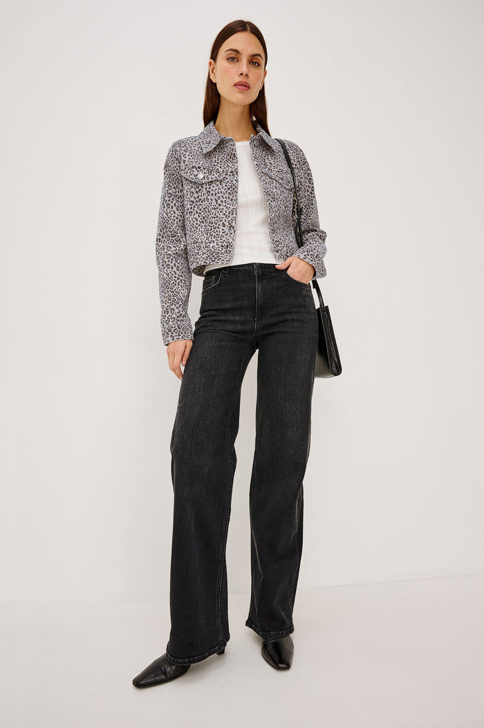 Brea Cropped Denim Jacket With Front Buttons and Long Sleeves in Ecru Cheetah Colorway - Full Body Front View Featured on Model