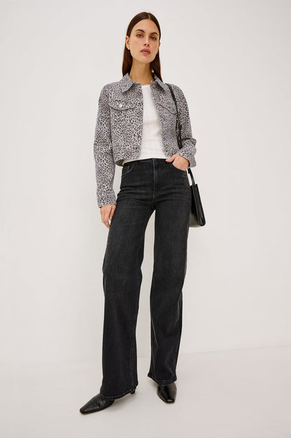 Brea Cropped Denim Jacket With Front Buttons and Long Sleeves in Ecru Cheetah Colorway - Full Body Front View Featured on Model