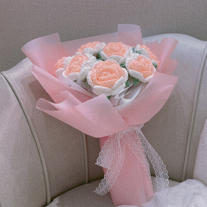 Bulk Luxury Gifts 11" Knitted Rose Crochet Wedding Bouquet Handmade Wholesale