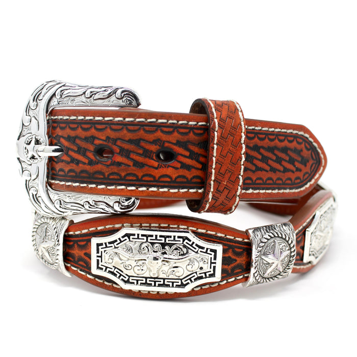 Bull Head Scalloped Concho Western Belt - Chestnut