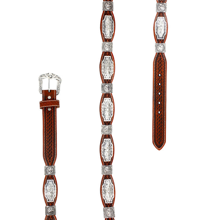 Bull Head Scalloped Concho Western Belt - Chestnut
