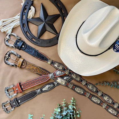Bull Head Scalloped Concho Western Belt - Chestnut