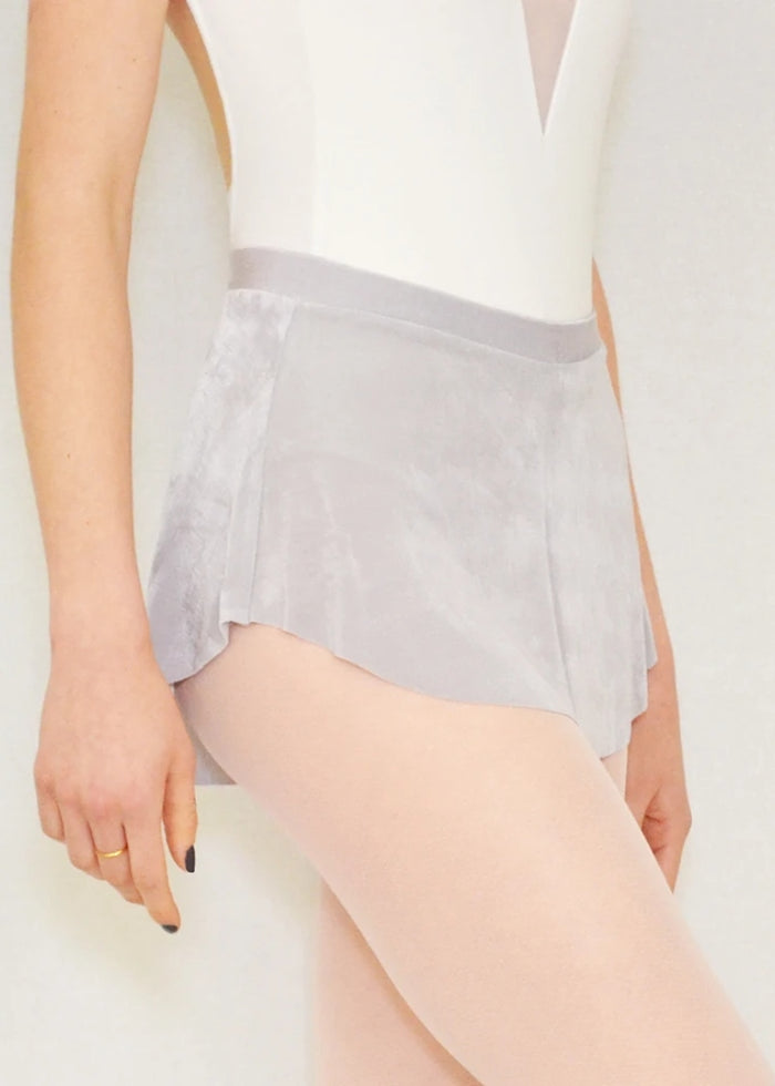 Bullet Pointe pull-on ballet skirt in light gray with high-low hemline