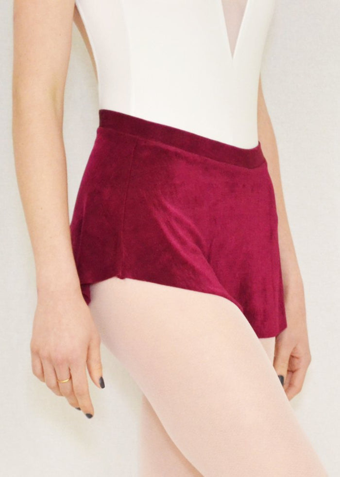 Bullet Pointe pull-on ballet skirt in dark red with high-low hemline