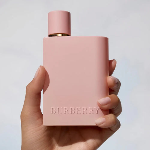 Burberry Her Parfum 100ml bottle, elegant glass container with gold accents, displayed in a beauty product image.