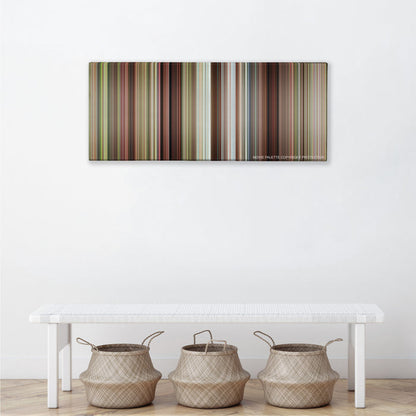 Caddyshack color palette canvas above a white bench with three woven baskets