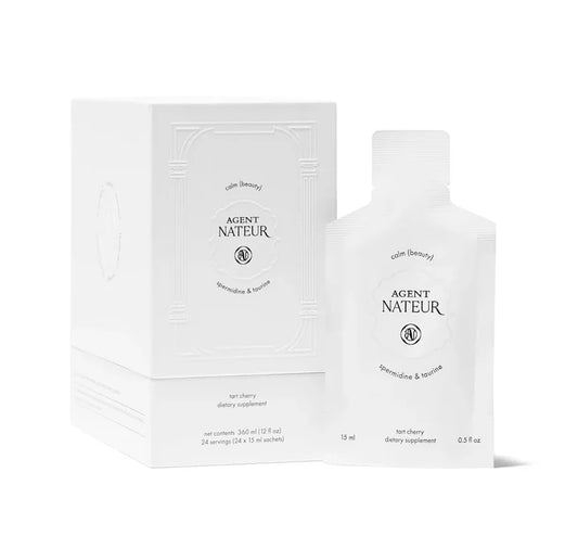 calm (beauty) supplement by Agent Nateur in the flavor 'Tart Cherry'. Individual dose and 24 serving supply on white background.