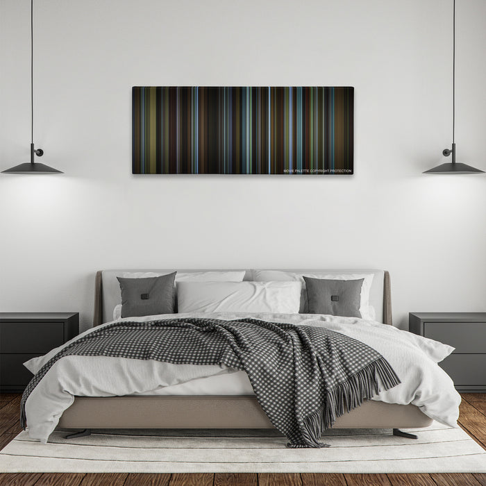 Carol color palette canvas above a bed, between two black pendant lamps