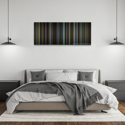 Carol color palette canvas above a bed, between two black pendant lamps