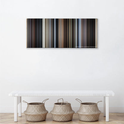 Cast Away color palette canvas above a white bench with three woven baskets
