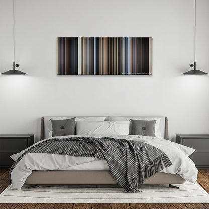 Cast Away color palette canvas above a bed, between two black pendant lamps