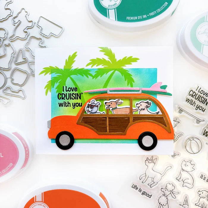 Catherine Pooler - Dies - Woodie Wagon. The Woodie Wagon Die is a unique and fun layered accent die to build your own classic beach buggy. This classic 1940's design vehicle has become a surf-icon...and we didn't forget the surf board and roof rack! Available at Embellish Away located in Bowmanville Ontario Canada. Card by Catherine Pooler Designs.