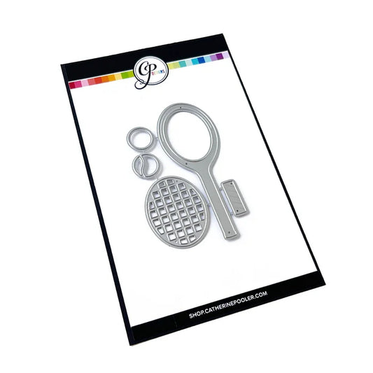 Catherine Pooler - Dies - Your Serve. Create a feature die cut tennis racket. This large die set was created to allow you to build your own racket and ball in the colors of your choice. Available at Embellish Away located in Bowmanville Ontario Canada.