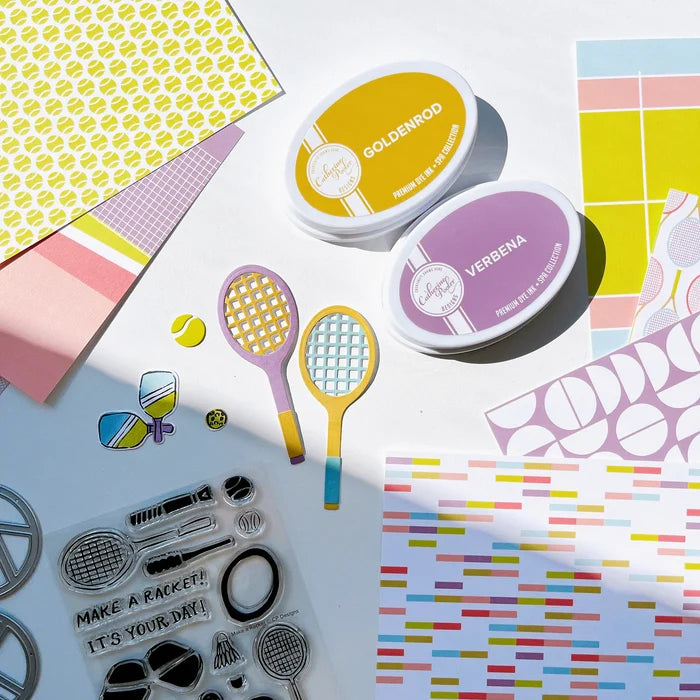 Catherine Pooler - Dies - Your Serve. Create a feature die cut tennis racket. This large die set was created to allow you to build your own racket and ball in the colors of your choice. Available at Embellish Away located in Bowmanville Ontario Canada.