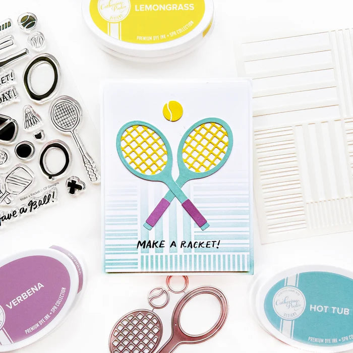 Catherine Pooler - Dies - Your Serve. Create a feature die cut tennis racket. This large die set was created to allow you to build your own racket and ball in the colors of your choice. Available at Embellish Away located in Bowmanville Ontario Canada. Card example by Catherine Pooler.