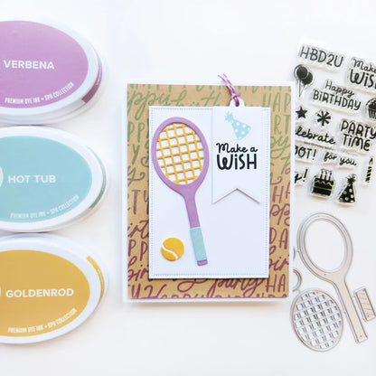 Catherine Pooler - Dies - Your Serve. Create a feature die cut tennis racket. This large die set was created to allow you to build your own racket and ball in the colors of your choice. Available at Embellish Away located in Bowmanville Ontario Canada. Card example by Catherine Pooler.