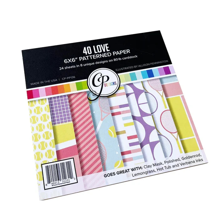 Catherine Pooler - Patterned Paper - 40 Love. This sport themed paper pack is packed with geometric patterns and sporty prints! Tennis rackets, balls and court inspired patterns will be great backgrounds or accents for your cards and projects. Available at Embellish Away located in Bowmanville Ontario Canada.