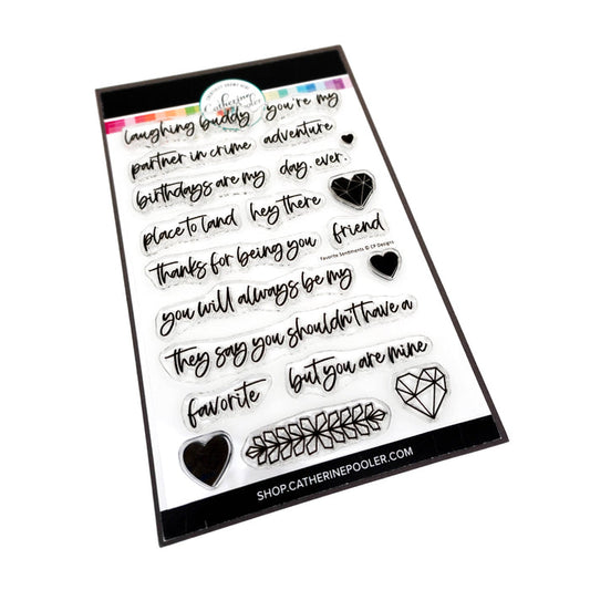 Catherine Pooler - Sentiments Stamp Set - Favorite Day Ever. They say you shouldn't have a favorite, but this stamp set might become one of yours! The Favorite Day Ever Sentiments Stamp Set contains mix and match sentiment stamps for creating the perfect greeting for all your favorite people. Tell them "you will always be my favorite" or "you're my favorite partner in crime". This set was designed to coordinate with our Favorite on a Line Die. Available at Embellish Away located in Bowmanville O
