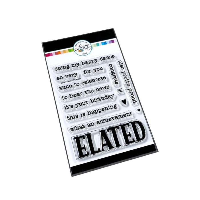 Catherine Pooler - Sentiments Stamp Set - So Very Elated. The news is great...share in their excitement with the So Very Elated 3x4 Sentiments Stamp Set. Available at Embellish Away located in Bowmanville Ontario Canada.