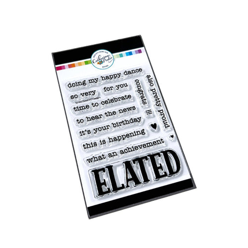 Catherine Pooler - Sentiments Stamp Set - So Very Elated. The news is great...share in their excitement with the So Very Elated 3x4 Sentiments Stamp Set. Available at Embellish Away located in Bowmanville Ontario Canada.