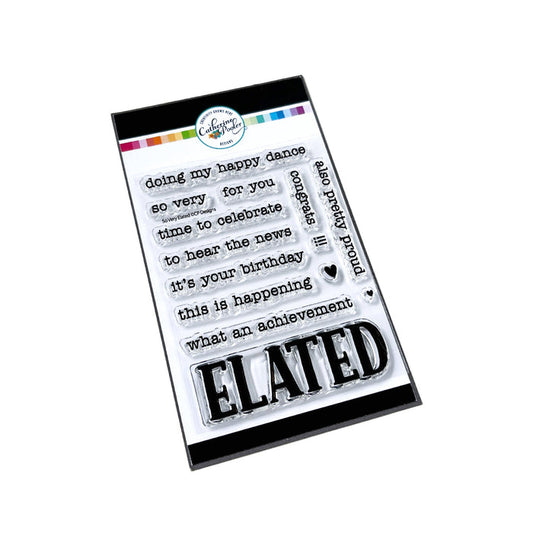 Catherine Pooler - Sentiments Stamp Set - So Very Elated. The news is great...share in their excitement with the So Very Elated 3x4 Sentiments Stamp Set. Available at Embellish Away located in Bowmanville Ontario Canada.