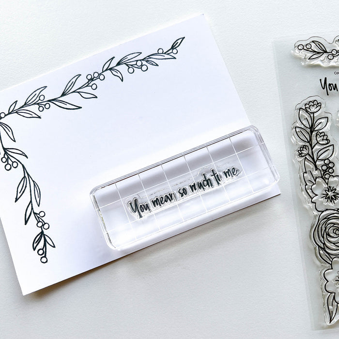Catherine Pooler - Stamp and Die Set - Corner Swag Floral. Add a beautiful flourish to your card with the Corner Swag Floral Stamp & Die Set. This set has two main corner stamps you can use alone or together to create a beautiful floral frame or swag. Available at Embellish Away located in Bowmanville Ontario Canada.