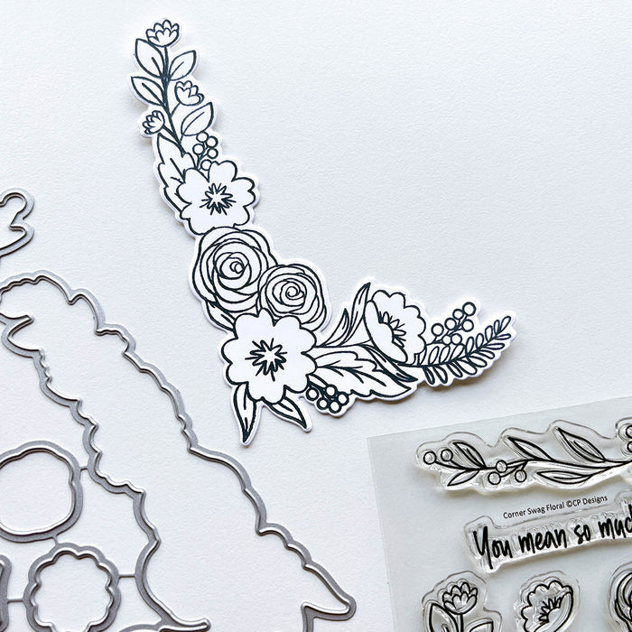 Catherine Pooler - Stamp and Die Set - Corner Swag Floral. Add a beautiful flourish to your card with the Corner Swag Floral Stamp & Die Set. This set has two main corner stamps you can use alone or together to create a beautiful floral frame or swag. Available at Embellish Away located in Bowmanville Ontario Canada.