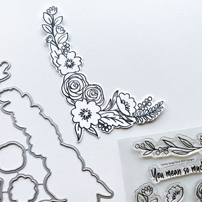 Catherine Pooler - Stamp and Die Set - Corner Swag Floral. Add a beautiful flourish to your card with the Corner Swag Floral Stamp & Die Set. This set has two main corner stamps you can use alone or together to create a beautiful floral frame or swag. Available at Embellish Away located in Bowmanville Ontario Canada.