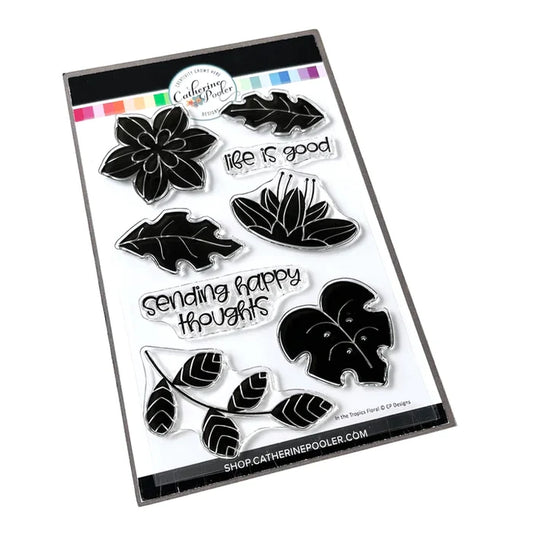 Catherine Pooler - Stamp and Die Set - In the Tropics Floral. Use the In the Tropics Floral Stamps and Dies for layers and layers of floral inspiration.  Illustrated by Kat Uno. Available at Embellish Away located in Bowmanville Ontario Canada.