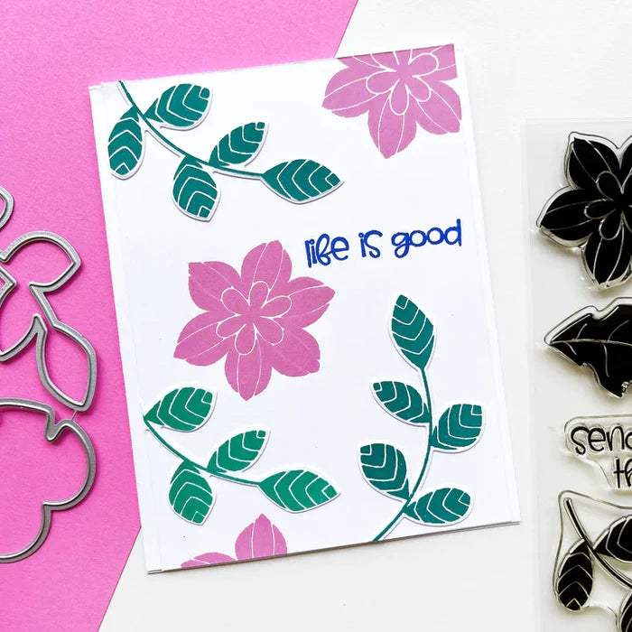 Catherine Pooler - Stamp and Die Set - In the Tropics Floral. Use the In the Tropics Floral Stamps and Dies for layers and layers of floral inspiration.  Illustrated by Kat Uno. Available at Embellish Away located in Bowmanville Ontario Canada. Card example by brand ambassador.