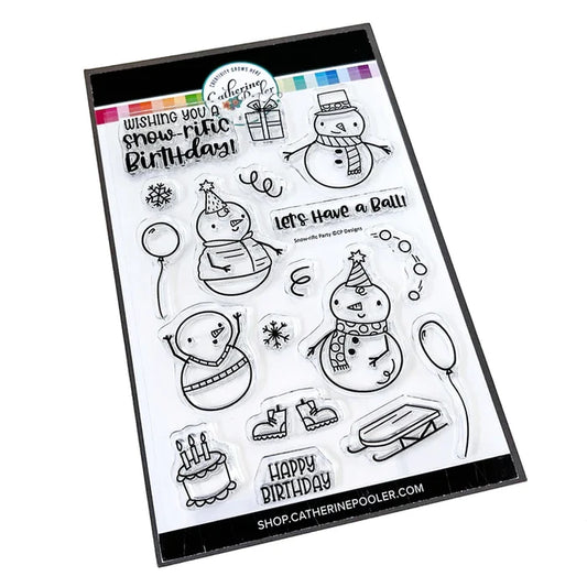 Catherine Pooler - Stamp and Die Set - Snow-rific Party. This stamp and die set is has all the things needed for a winter time party! Each snowman is dressed up for fun and ready to adorn your cards and projects with gifts, cake, balloons and even a sled Available at Embellish Away located in Bowmanville Ontario Canada