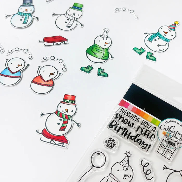 Catherine Pooler - Stamp and Die Set - Snow-rific Party. This stamp and die set is has all the things needed for a winter time party! Each snowman is dressed up for fun and ready to adorn your cards and projects with gifts, cake, balloons and even a sled Available at Embellish Away located in Bowmanville Ontario Canada