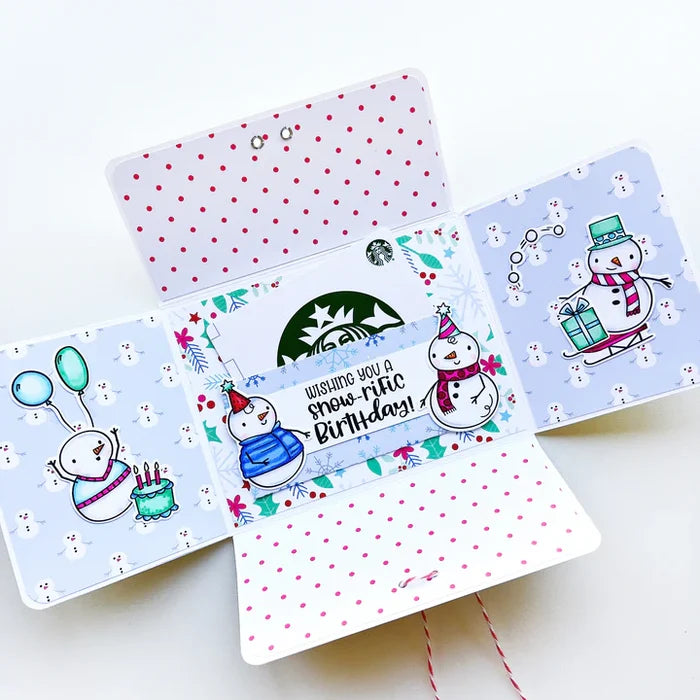 Catherine Pooler - Stamp and Die Set - Snow-rific Party. This stamp and die set is has all the things needed for a winter time party! Each snowman is dressed up for fun and ready to adorn your cards and projects with gifts, cake, balloons and even a sled Available at Embellish Away located in Bowmanville Ontario Canada Card design by brand ambassador.