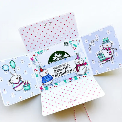 Catherine Pooler - Stamp and Die Set - Snow-rific Party. This stamp and die set is has all the things needed for a winter time party! Each snowman is dressed up for fun and ready to adorn your cards and projects with gifts, cake, balloons and even a sled Available at Embellish Away located in Bowmanville Ontario Canada Card design by brand ambassador.