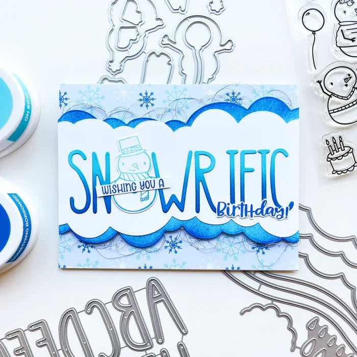 Catherine Pooler - Stamp and Die Set - Snow-rific Party. This stamp and die set is has all the things needed for a winter time party! Each snowman is dressed up for fun and ready to adorn your cards and projects with gifts, cake, balloons and even a sled Available at Embellish Away located in Bowmanville Ontario Canada Card design by brand ambassador.